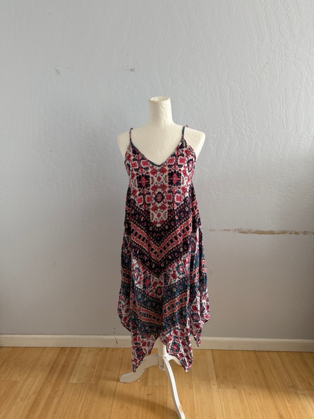 Japna Pink and Navy Boho V-Neck Handkerchief-Hem Midi Dress